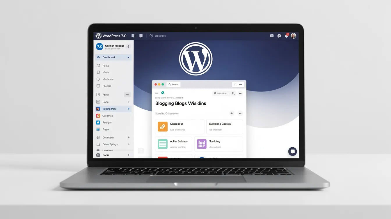 The image showcases the Wordpress 7.0 dashboard, highlighting its user-friendly admin interface and new features designed for site owners. It emphasizes the integration of AI tools and plugins that enhance the capabilities of professional Wordpress websites.